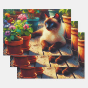 Siamese Cat Garden Oil Painting Decoupage Wrapping Paper Sheet