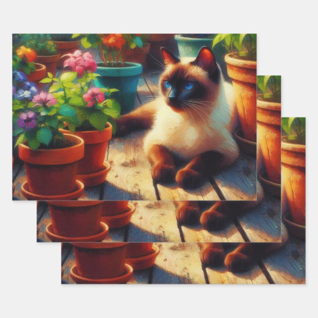 Siamese Cat Garden Oil Painting Decoupage Wrapping Paper Sheet (Set)