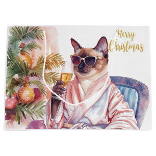Siamese Cat Glam Christmas  Sipping Champagne  Large Gift Bag