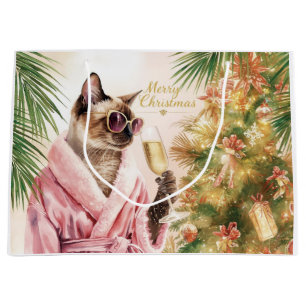 Siamese Cat Glam Christmas  Sipping Champagne  Large Gift Bag