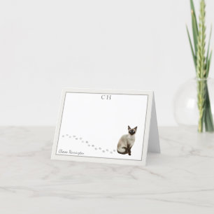 Siamese Cat Grey Border Monogram Name Folded Thank You Card
