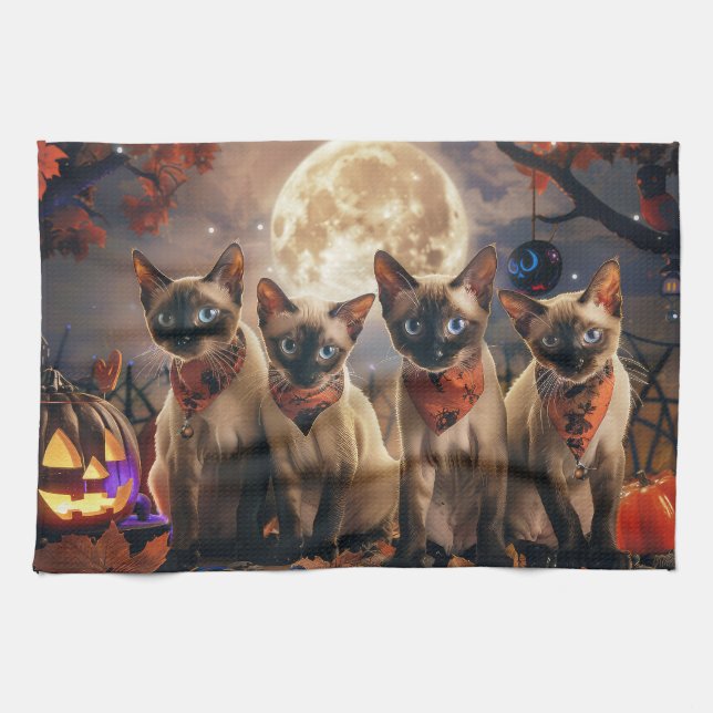 Siamese Cat Halloween Spooky Tea Towel (Horizontal)