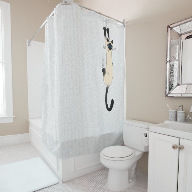 Siamese Cat Hanging On | Funny Cat Shower Curtain (In Situ)