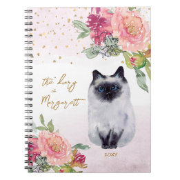 Siamese Cat Illustration Flowers Girl Daily Diary Notebook