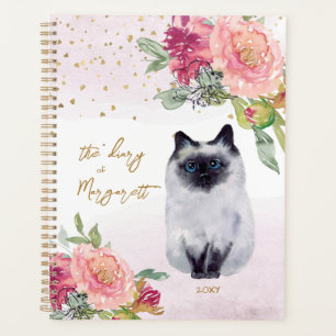 Siamese Cat Illustration Flowers Girl Daily Diary Planner