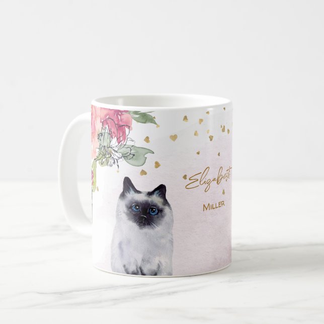 Siamese Cat Illustration Gold Glitter Girl Gift Coffee Mug (Front Left)
