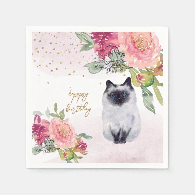 Siamese Cat Illustration Happy Birthday Girl Party Napkin (Front)