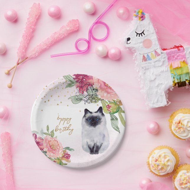 Siamese Cat Illustration Happy Birthday Girl Party Paper Plate (Party)