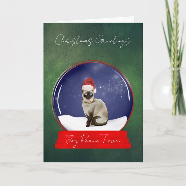 Siamese Cat in a Christmas Snow Globe Card (Front)