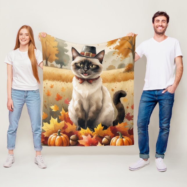 Siamese Cat In Autumn Leaves Thanksgiving Art Fleece Blanket (In Situ)