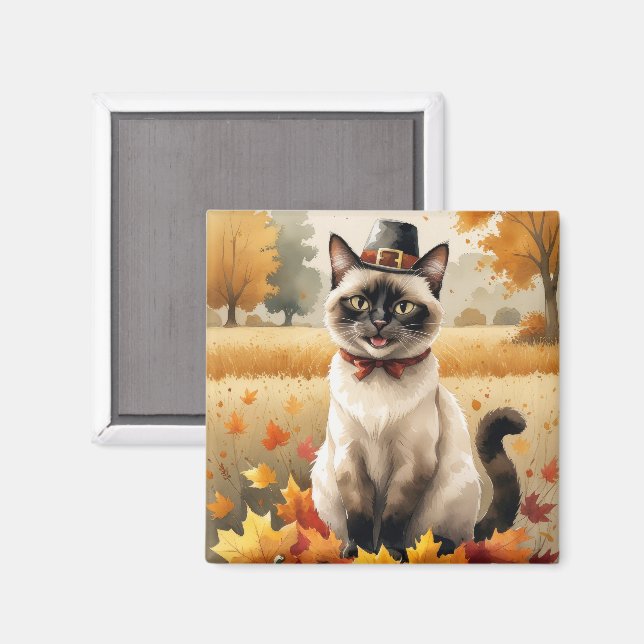 Siamese Cat In Autumn Leaves Thanksgiving Art Magnet (Front/Back)