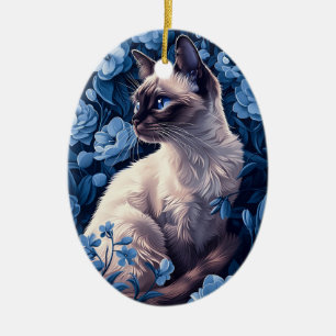 Siamese Cat in Blue Flowers Ceramic Tree Decoration