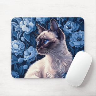 Siamese Cat in Blue Flowers Mouse Mat