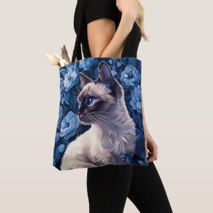 Siamese Cat in Blue Flowers Tote Bag