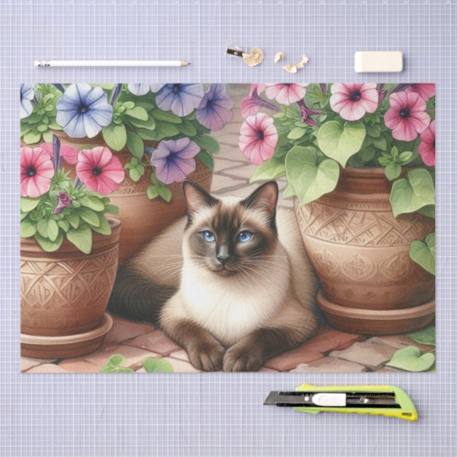 Siamese Cat in Garden with Clay Pots Tissue Paper (Craft)