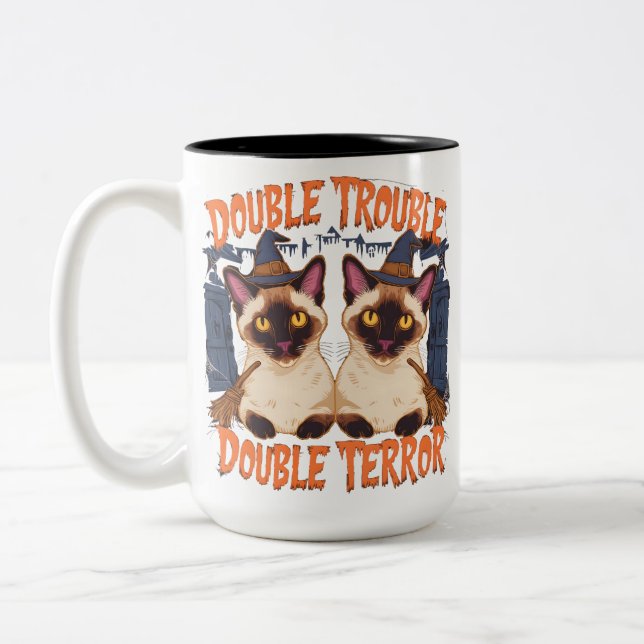 Siamese Cat in Halloween Mansion Two-Tone Coffee Mug (Left)