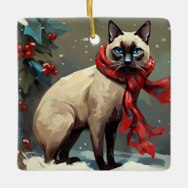Siamese Cat in Snow Christmas Ceramic Ornament (Front)