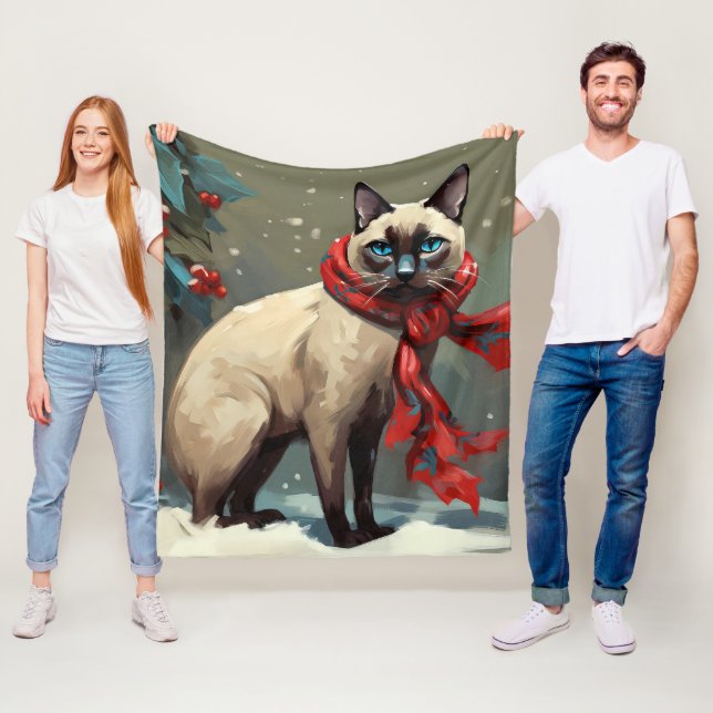Siamese Cat in Snow Christmas Fleece Blanket (In Situ)