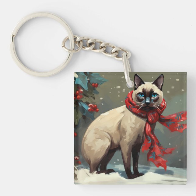 Siamese Cat in Snow Christmas Key Ring (Front)