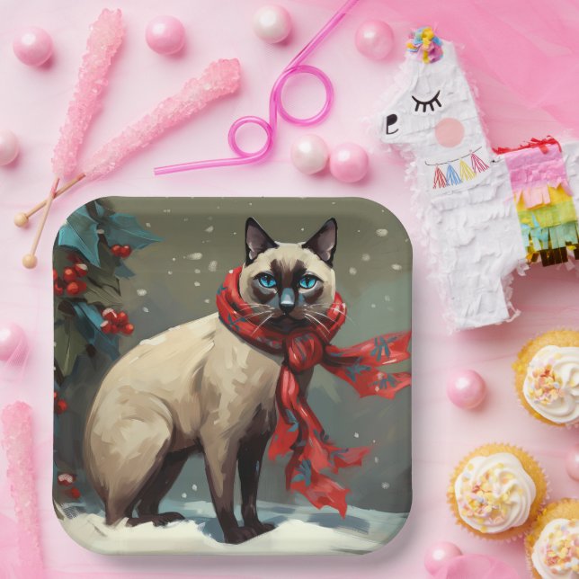 Siamese Cat in Snow Christmas Paper Plate (Party)