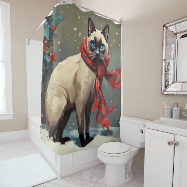 Siamese Cat in Snow Christmas Shower Curtain (In Situ)