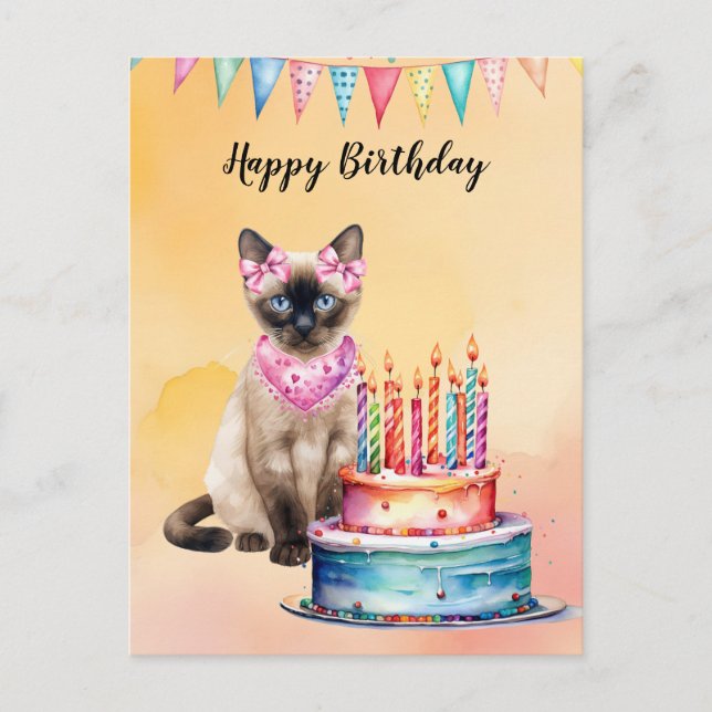 Siamese Cat in Spa with Birthday Cake Postcard (Front)