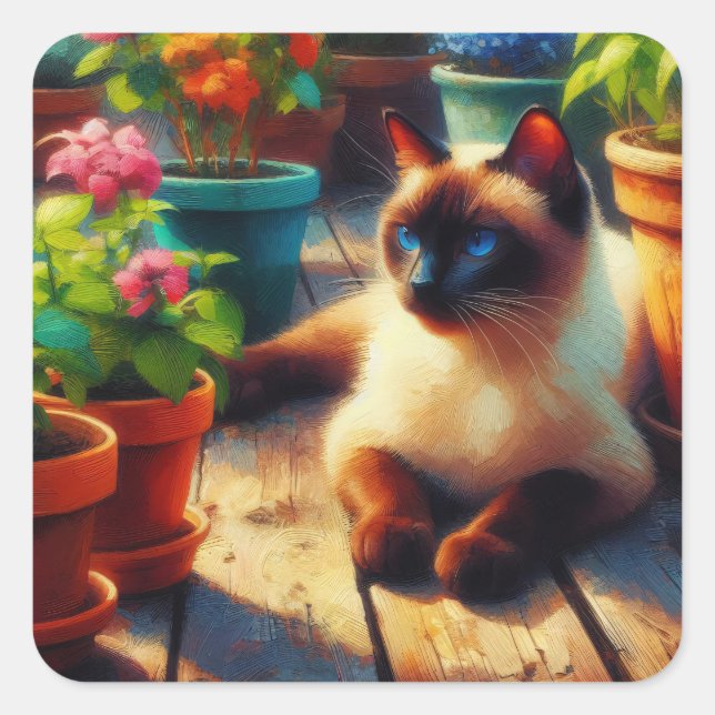 Siamese Cat in the Garden Oil Painting Square Sticker (Front)