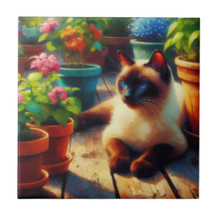 Siamese Cat in the Garden Oil Painting Tile
