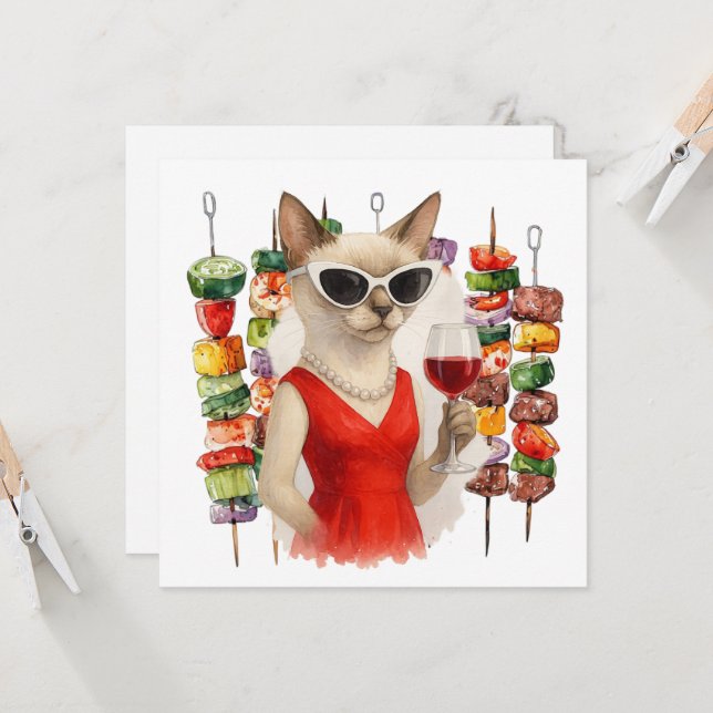 Siamese Cat is drinking wine Barbecue party  Invitation (Front/Back In Situ)