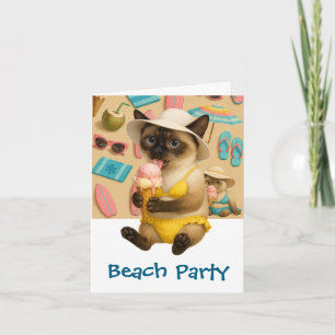 Siamese Cat is licking Ice cream beach Party Invitation