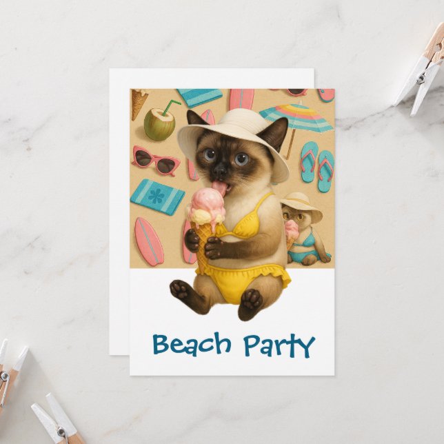 Siamese Cat is licking Ice cream  beach Party Invitation (Front/Back In Situ)