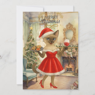 Siamese Cat is serving Christmas Drink with Cookie Holiday Card