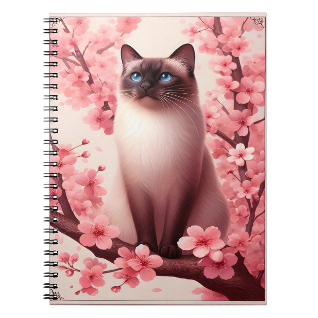 Siamese Cat Japanese Cherry Blossom Flower Pink Notebook (Front)