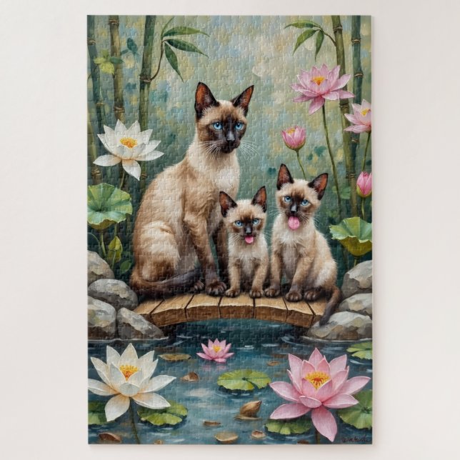 Siamese Cat Lotus Pond Art Jigsaw Puzzle (Vertical)