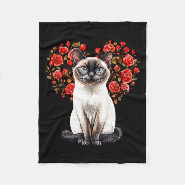 Siamese Cat Lover Floral Heart Valentines Day  Fleece Blanket (Front)