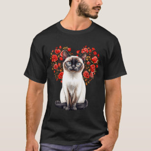 Siamese Cat Lover Floral Heart Valentines Day  T-Shirt