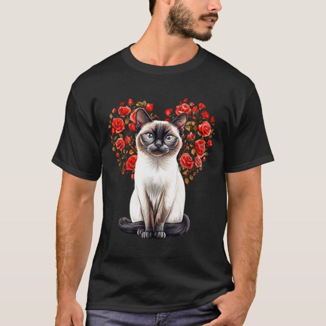 Siamese Cat Lover Floral Heart Valentines Day  T-Shirt (Front)