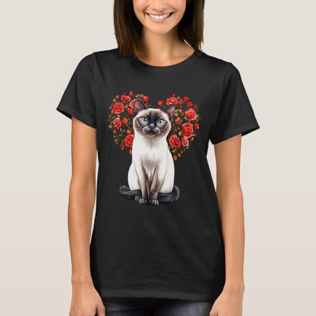 Siamese Cat Lover Floral Heart Valentines Day  T-Shirt (Front)