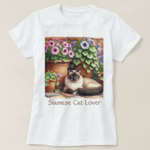 Siamese Cat Lover / Pink Petunia Flowers  T-Shirt