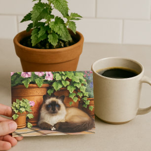 Siamese Cat Lying by Flowers Cat Lover Postcard
