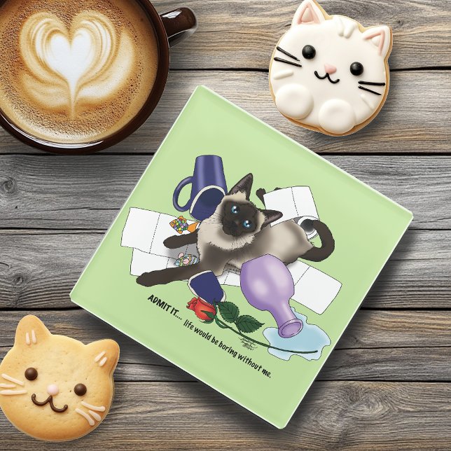 Siamese Cat Mischief Funny Glass Coaster (Creator Uploaded)