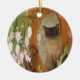 Siamese Cat On Shelf Flowers Animal Ornament
