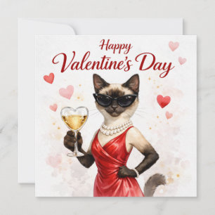 Siamese Cat on  Valentine’s Day – Glam Cat in Red  Holiday Card