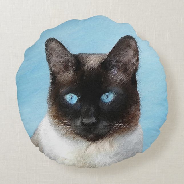 Siamese Cat Painting - Cute Original Cat Art Round Cushion (Back)