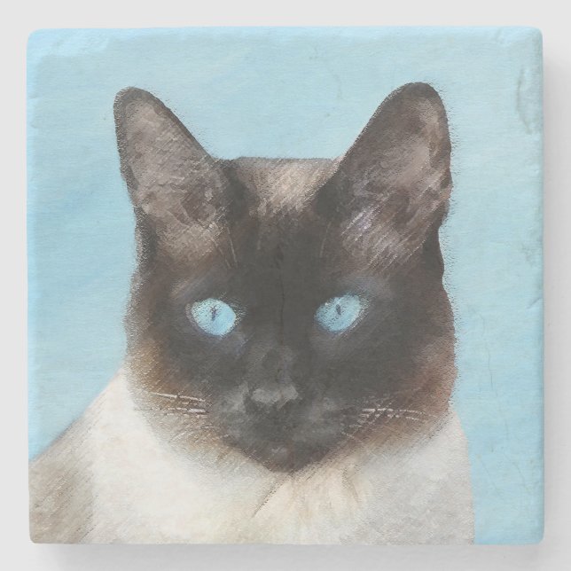 Siamese Cat Painting - Cute Original Cat Art Stone Coaster (Front)