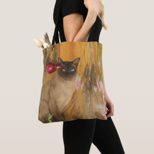 Siamese Cat Posing With Flowers Animal  Tote Bag
