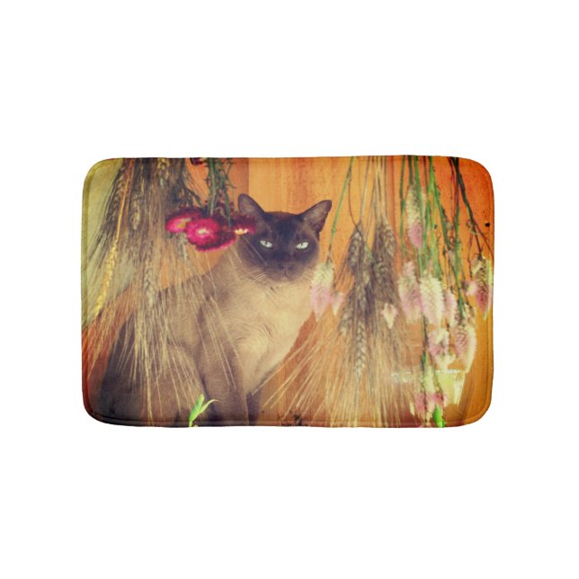 Siamese Cat Posing With Flowers Bath Mat (Front)