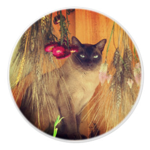Siamese Cat Posing With Flowers Ceramic Knob