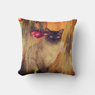 Siamese Cat Posing With Flowers  Cushion