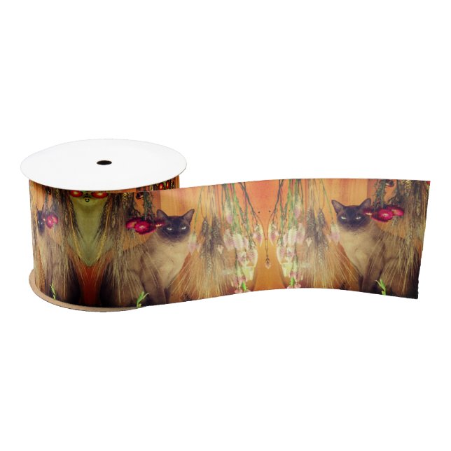 Siamese Cat Posing With Flowers Satin Ribbon (Spool)